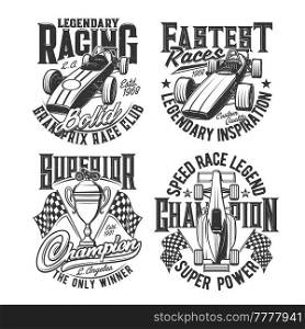 Tshirt prints with bolide car vector emblems for rally, racing club and motorsport championship. T shirt prints roadster race symbols with checkered flag, winner cup, retro vehicles and champion stars. Tshirt prints with bolide car vector emblems set