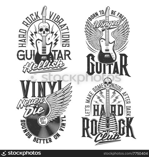 Tshirt prints with electric guitars, skulls and winged vinyl disk. Vector emblem for music band apparel design. T shirt monochrome print with typography, black grunge label with amp, angel wings set. Tshirt prints with electric guitars, skulls, vinyl