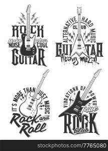Tshirt prints with electric guitars, vector emblems for hard rock music club or band apparel design. T shirt monochrome prints with typography for musical festival isolated labels with amp and flashes. Tshirt prints with electric guitars vector emblems