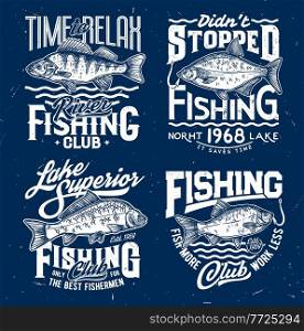 Tshirt prints with fish sea bass, bream, carp and crucian on sea waves. Sketch vector mascots for fishing club, marine fishes emblems for t shirt. Ocean sport team grunge prints for apparel design set. Tshirt prints fish sea bass, bream, carp, crucian