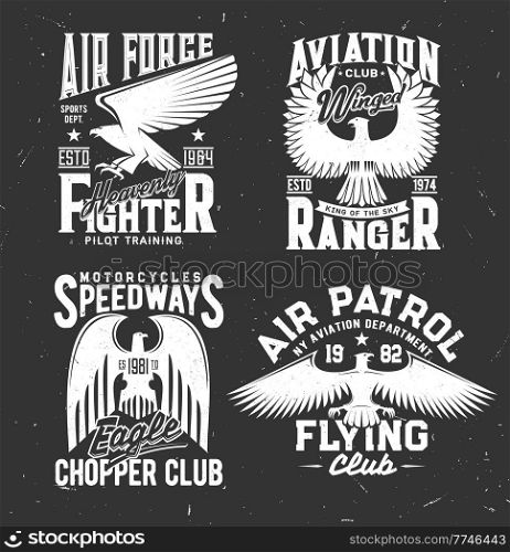 Tshirt prints with heraldic eagles, vector mascots for chopper and aviation club apparel design. T shirt prints with typography on black background. Isolated emblems or labels with eagles or griffins. Tshirt prints with heraldic eagles, vector mascots
