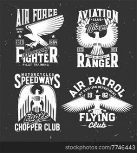Tshirt prints with heraldic eagles, vector mascots for chopper and aviation club apparel design. T shirt prints with typography on black background. Isolated emblems or labels with eagles or griffins. Tshirt prints with heraldic eagles, vector mascots