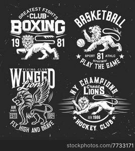 Tshirt prints with lions in heraldic style, vector mascots for sports team uniform apparel design. Labels for hockey, boxing, basketball club. Monochrome t shirt prints, emblem with typography set. Tshirt prints with heraldic lions vector mascots