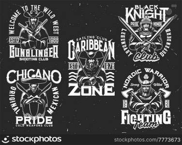 Tshirt prints with men warriors holding crossed armor, vector mascots for apparel design. Isolated labels with viking, ranger, pirate, knight and typography. Monochrome t shirt prints or emblem set. Tshirt prints with men warriors holding armor