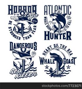 Tshirt prints with ocean animals killer whale, hammerhead shark and anchors. Vector mascots for fishing or marine club with sea predators. Adventure team prints with typography on white background. Tshirt prints with ocean killer whale and shark