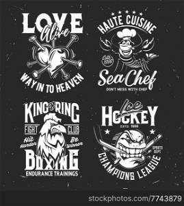 Tshirt prints with pierced heart, lobster in toque, angry cock and fish with hockey stick in mouth. Vector mascots for apparel design. Isolated labels with typography. Monochrome t shirt prints set. Tshirt prints with heart, lobster, cock and fish