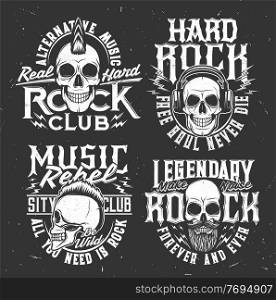 Tshirt prints with skull vector mascot for rock music band apparel design. T shirt prints with typography, cranium with beard and and punk hairstyle, headset isolated emblems for heavy metal festival. Tshirt prints with skull mascot for rock band set