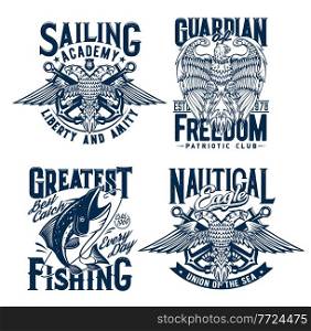 Tshirt prints with tuna fish, two headed eagles and anchors, nautical vector mascot for fishing, patriotic club and nautical academy apparel. T shirt grunge emblems with typography isolated labels set. Tshirt prints with tuna fish, eagle and anchor set