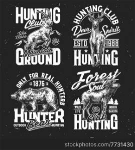Tshirt prints with wild sketch animals vector bear, moose, mountain goat and deer trophy. Hunter club mascots for apparel design. Isolated t shirt prints or emblems, retro labels with typography set. Tshirt prints with wild animals vector mascots