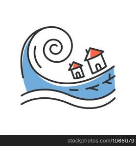 Tsunami blue color icon. Groundswell. Ocean storm washing settlement. Sea wave destruct houses. Hurricane damage. Flash flood. Natural disaster catastrophe. Isolated vector illustration