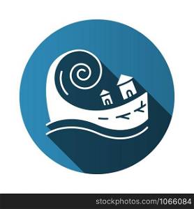 Tsunami blue flat design long shadow glyph icon. Groundswell. Ocean storm washing settlement. Sea wave destruct houses. Hurricane damage. Natural disaster catastrophe. Vector silhouette illustration