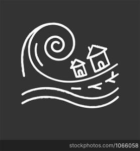 Tsunami chalk icon. Groundswell. Ocean storm washing settlement. Sea wave destruct houses. Hurricane damage. Flash flood. Natural disaster catastrophe. Isolated vector chalkboard illustration
