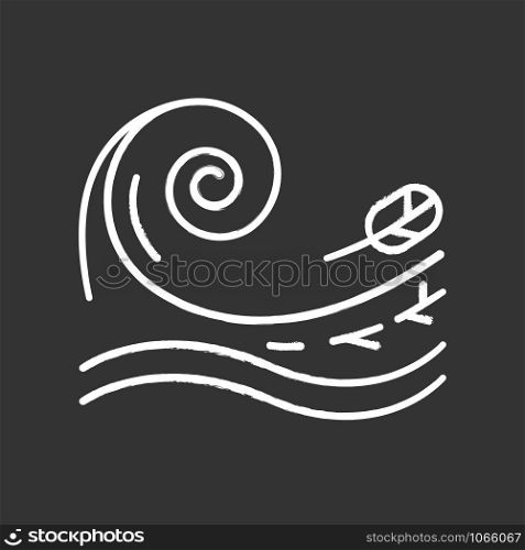 Tsunami chalk icon. Sea storm. Water splash. Groundswell. Tide. Flash flood. Sudden and destructive movement of water. Ocean heavy wave and leaf. Isolated vector chalkboard illustration