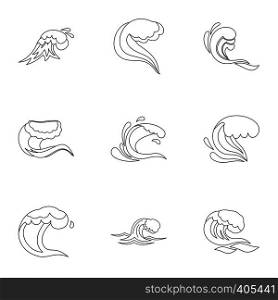 Tsunami icons set. Outline illustration of 9 tsunami vector icons for web. Tsunami icons set, outline style