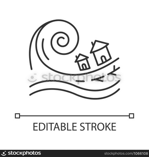 Tsunami linear icon. Groundswell. Ocean storm washing settlement. Sea wave destruct houses. Hurricane damage. Thin line illustration. Contour symbol. Vector isolated outline drawing. Editable stroke