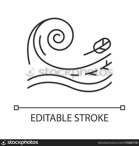 Tsunami linear icon. Sea storm. Water splash. Groundswell. Tide. Flash flood. Ocean heavy wave and leaf. Thin line illustration. Contour symbol. Vector isolated outline drawing. Editable stroke