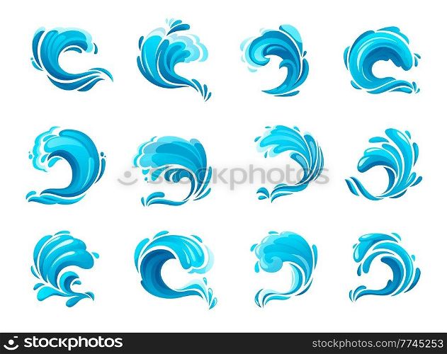 Tsunami ocean wave icons, isolated blue storm sea waves and surfs vector icons. Cartoon ocean water splashes and sea tide surfs with splashing drops, stormy water of hurricane weather with splatter. Tsunami ocean wave icons, sea storm blue waves