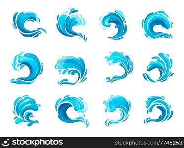 Tsunami ocean wave icons, isolated blue storm sea waves and surfs vector icons. Cartoon ocean water splashes and sea tide surfs with splashing drops, stormy water of hurricane weather with splatter. Tsunami ocean wave icons, sea storm blue waves