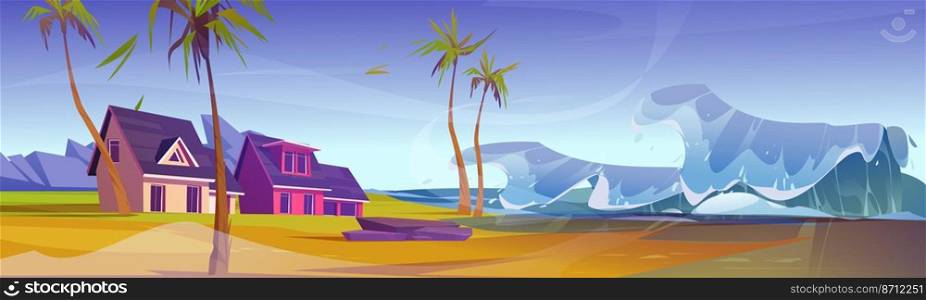 Tsunami wave at tropical beach with cottages and palm trees, natural disaster, flood during storm, climate change concept. Huge ocean water wave splashing and raging, Cartoon vector illustration. Tsunami wave at tropical beach with cottage, trees