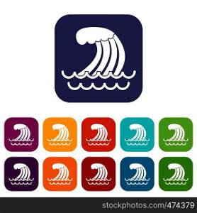 Tsunami wave icons set vector illustration in flat style In colors red, blue, green and other. Tsunami wave icons set