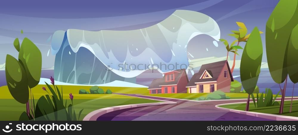 Tsunami wave on sea beach with houses. Natural disaster, catastrophe, storm. Vector cartoon illustration of tropical landscape with ocean coast, buildings and palm trees flood by big water wave. Tsunami wave on sea beach with houses