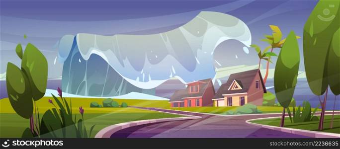 Tsunami wave on sea beach with houses. Natural disaster, catastrophe, storm. Vector cartoon illustration of tropical landscape with ocean coast, buildings and palm trees flood by big water wave. Tsunami wave on sea beach with houses