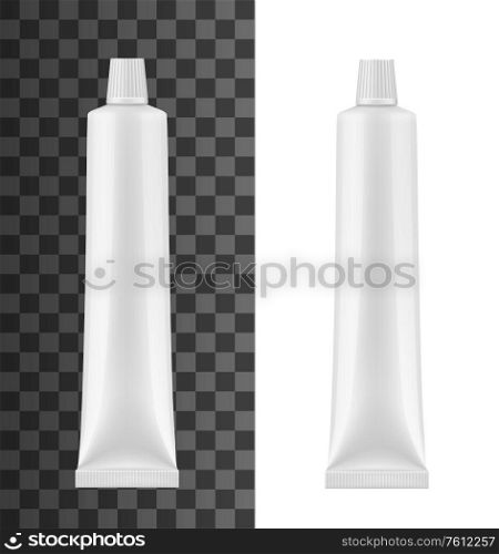 Tube for toothpaste or cream, isolated 3d vector mockup. Blank white plastic toothpaste container with ribbed screw cap, cosmetic moisturizing cream tube or medical ointment package object. Tube for toothpaste or cream mockup