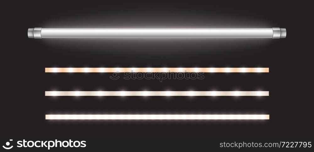Tube lamp and led strips, long luminescence fluorescent energy saving bulb of daytime scattered light, artificial lighting for office. Halogen elements glowing lines, Realistic 3d vector illustration. Tube lamp and led strips, long fluorescent bulb