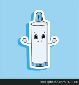 Tube of toothpaste. Bright color sticker. Cartoon character. Vector illustration. Design element. With white contour.