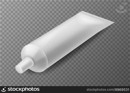 Tube of toothpaste or cream. Realistic white blank package mockup, medicine or cosmetics box for marketing branding, empty template angle view, vector packaging isolated on transparent background. Tube of toothpaste or cream. Realistic white blank package mockup, medicine or cosmetics box for marketing branding, empty template, vector packaging isolated on transparent background