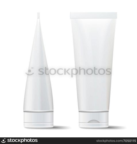 Tube Vector Mock Up. Empty Clean. Cream, Cosmetic Products Blank 3D Tube. Isolated Cosmetic Packaging. Tube Vector Mock Up. Cosmetic White Plastic Tube Packaging Realistic Illustration. Isolated On White Background
