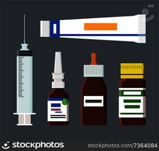Tube with labels and syringe having sharp needle, drops in glass container, medical production for patients, elements isolated on vector illustration. Tube with Labels and Syringe Vector Illustration
