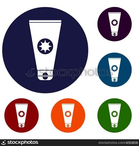 Tube with sunbathing cream icons set in flat circle reb, blue and green color for web. Tube with sunbathing cream icons set