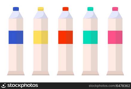 Tubes with Watercolor Paints Isolated on White. Tubes with watercolor paints isolated on white. Palette of acrylic or gouache aquarelle paint in containers of different colors vector illustration