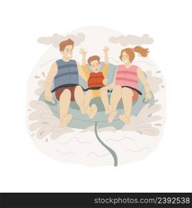 Tubing isolated cartoon vector illustration Family sitting on a big inflated tube, aquatic park fun activity, children riding with parents, tubing attraction, splash of water vector cartoon.. Tubing isolated cartoon vector illustration