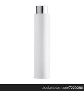 Tubular shampoo bottle. Tall cylinder cosmetic bottle mock up. Realistic white lotion packaging design with silver cap. Liquid gel flask, glossy vector template. Cosmetic lotion product blank. Tubular shampoo bottle. Tall cylinder cosmetic bottle