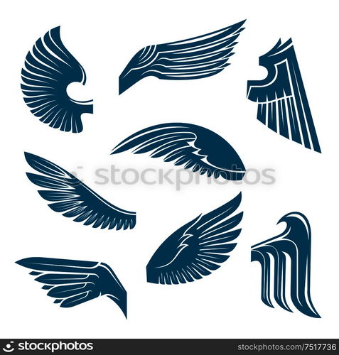 Tucked and spread wings vintage heraldic symbols of blue feathered wings of eagle, swan, falcon or raven with tribal elements. May be used as coat of arms, tattoo or jewellery design. Blue bird wings heraldic design elements