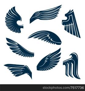 Tucked and spread wings vintage heraldic symbols of blue feathered wings of eagle, swan, falcon or raven with tribal elements. May be used as coat of arms, tattoo or jewellery design. Blue bird wings heraldic design elements