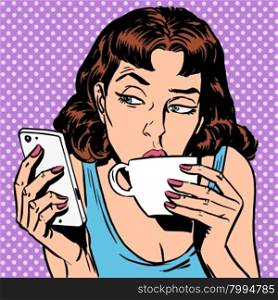 Tuesday girl looks at smartphone drinking tea or coffee. Lunchtime morning the rest of the evening
