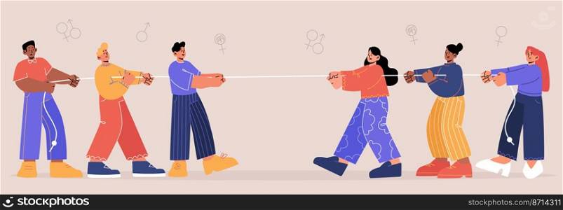 Tug of war competition between men and women teams. Concept of gender rivalry, conflict, sex equality. Vector flat illustration of groups of male and female persons pulling rope. Tug of war competition between men and women teams