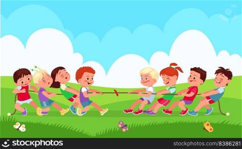 Tug of war. Funny children on nature pulling rope. Friends play outdoor. Sports gaming activity. Group competition. Happy boys and girls fun battle. Opposite teams contest. Splendid vector concept. Tug of war. Funny children on nature pulling rope. Friends play outdoor. Sports gaming activity. Group competition. Boys and girls fun battle. Teams contest. Splendid vector concept