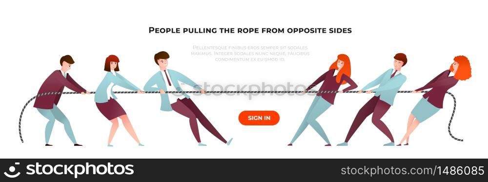 Tug war banner. Cartoon diverse people pulling the rope from opposite sides, teamwork and competition. Vector illustration office team persons at business contest. Tug war banner. Cartoon diverse people pulling the rope from opposite sides, teamwork and competition. Vector office persons at contest