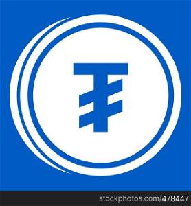 Tugrik coin icon white isolated on blue background vector illustration. Tugrik coin icon white