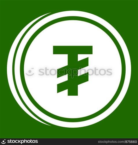 Tugrik coin icon white isolated on green background. Vector illustration. Tugrik coin icon green