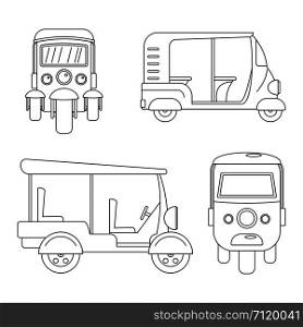 Tuk rickshaw Thailand icons set. Outline illustration of 4 tuk rickshaw Thailand vector icons for web. Tuk rickshaw Thailand icons set, outline style