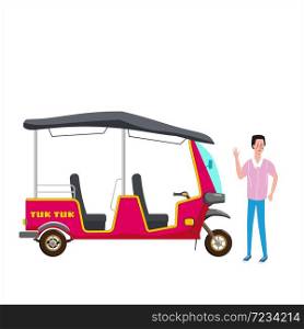 Tuk Tuk Asian auto rickshaw three wheeler tricycle. Tuk Tuk Asian auto rickshaw three wheeler tricycle with local driver. Thailand, Indian countries baby taxi. Vector illustration isolated cartoon style
