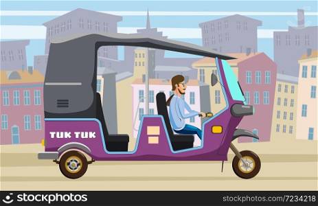 Tuk Tuk Asian auto rickshaw three wheeler tricycle. Tuk Tuk Asian auto rickshaw three wheeler tricycle with local driver. Background city urban street Thailand, Indian countries baby taxi. Vector illustration isolated cartoon style