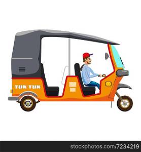 Tuk Tuk Asian auto rickshaw three wheeler tricycle. Tuk Tuk Asian auto rickshaw three wheeler tricycle with local driver. Thailand, Indian countries baby taxi. Vector illustration isolated cartoon style