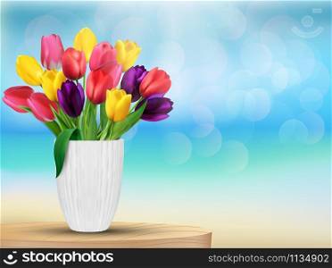 Tulip flowers in rainbow colours in a white glass on the beach