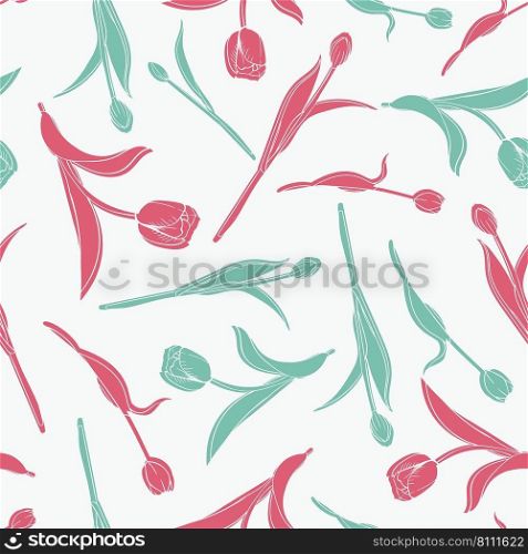 Tulip flowers seamless pattern background. Tulips illustration. Good for prints, wrapping paper, textile, fabric and packaging. Beautiful print with hand-drawn flowers.